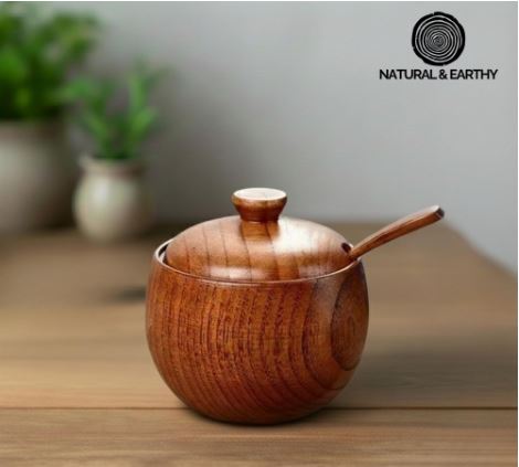 Handcrafted Wooden Salt Cellar with Spoon: Rustic Kitchen Storage