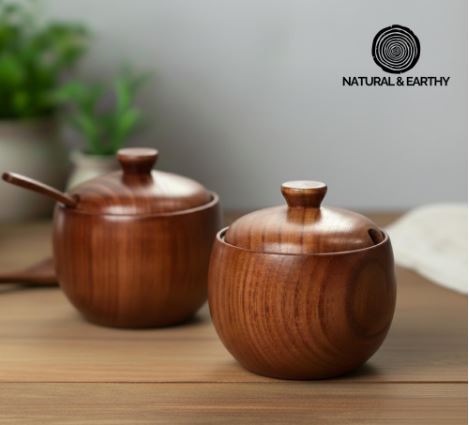 Handcrafted Wooden Salt Cellar with Spoon: Rustic Kitchen Storage