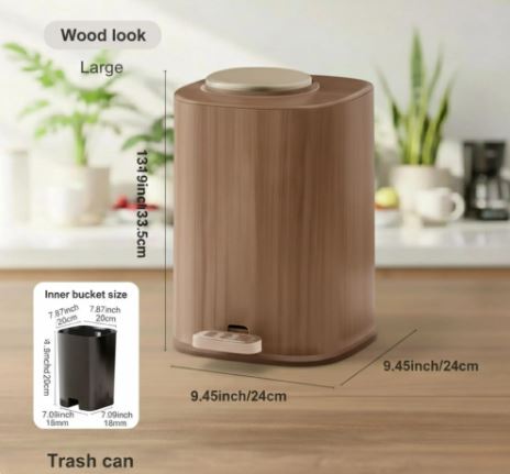 Retro Wood Pattern Grain Trash Can | Swing Lid Kitchen Garbage Bin | Stylish Office & Bathroom Paper Basket