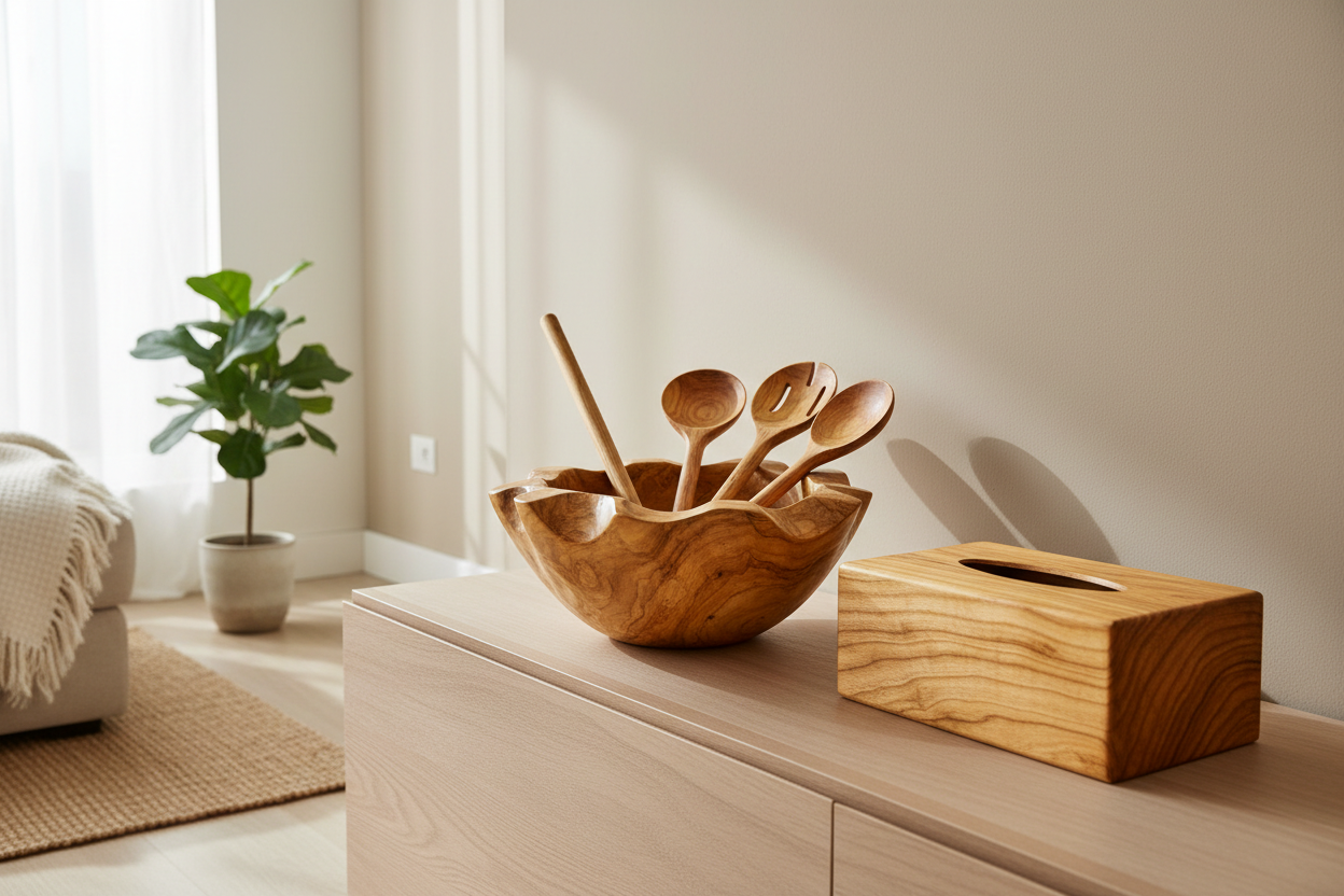 like wooden bowl, wooden spoon, wooden tissue box